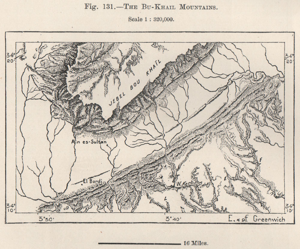 The Bou-Khail Mountains, near Hassi Messaoud. Algeria 1885 old antique map